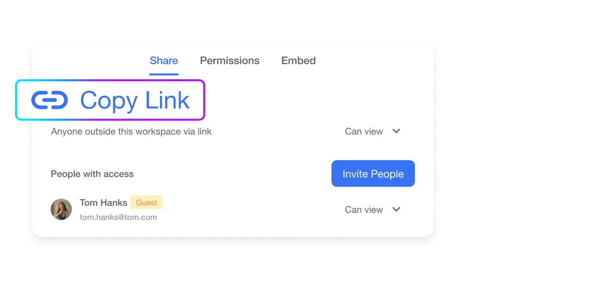 Share and manage video content - Interface showing options to share video via link with permission levels: can add, can comment, can view, and no access, ensuring secure and convenient access for collaborators.